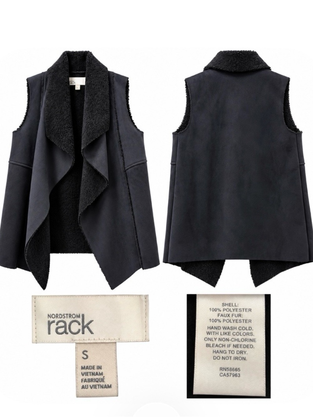 Nordstrom Rack Black Faux Suede Sherpa Waterfall Vest Size S